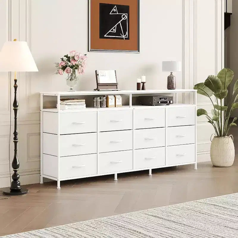 Comò in tessuto da 160 cm con 12 cassetti e ripiani aperti – Nero / Tigre / Bianco, 1 persona