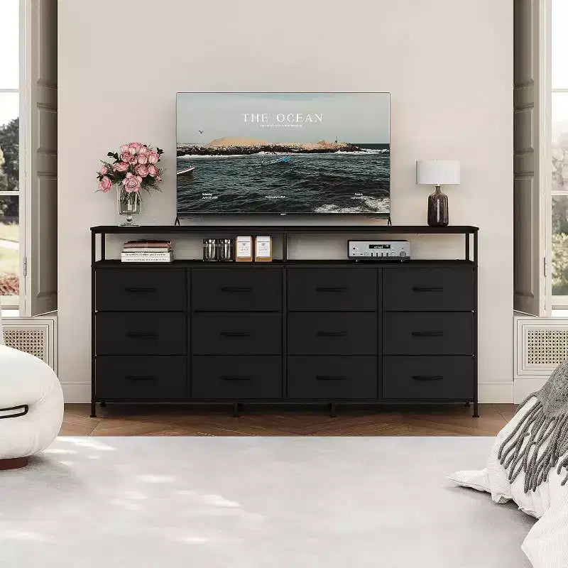 Comò in tessuto da 160 cm con 12 cassetti e ripiani aperti – Nero / Tigre / Bianco, 1 persona