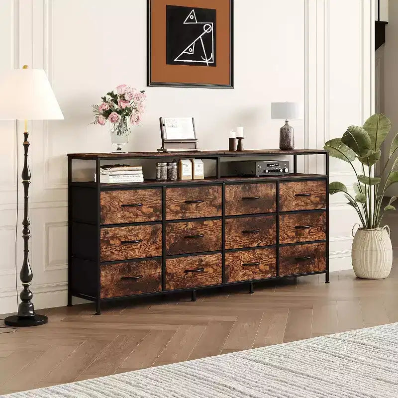 63" Fabric Dresser with 12 Drawers & Open Shelves – Black / Tiger / White, 1-Person