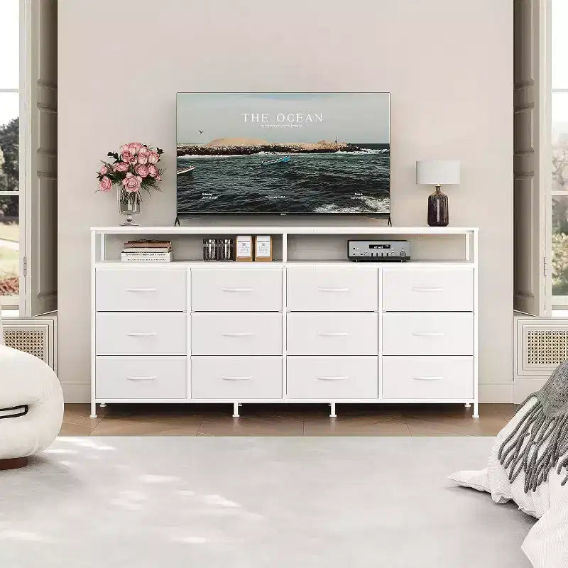 63" Fabric Dresser with 12 Drawers & Open Shelves – Black / Tiger / White, 1-Person