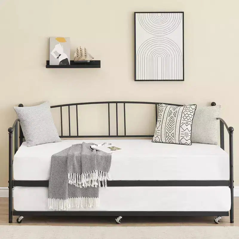 Twin Daybed [with Trundle]  Sturdy Metal with Steel Slat Support, Arched Headboard, Sofa Bed  for Living Room, Bedroom, Guest Room  [Color]