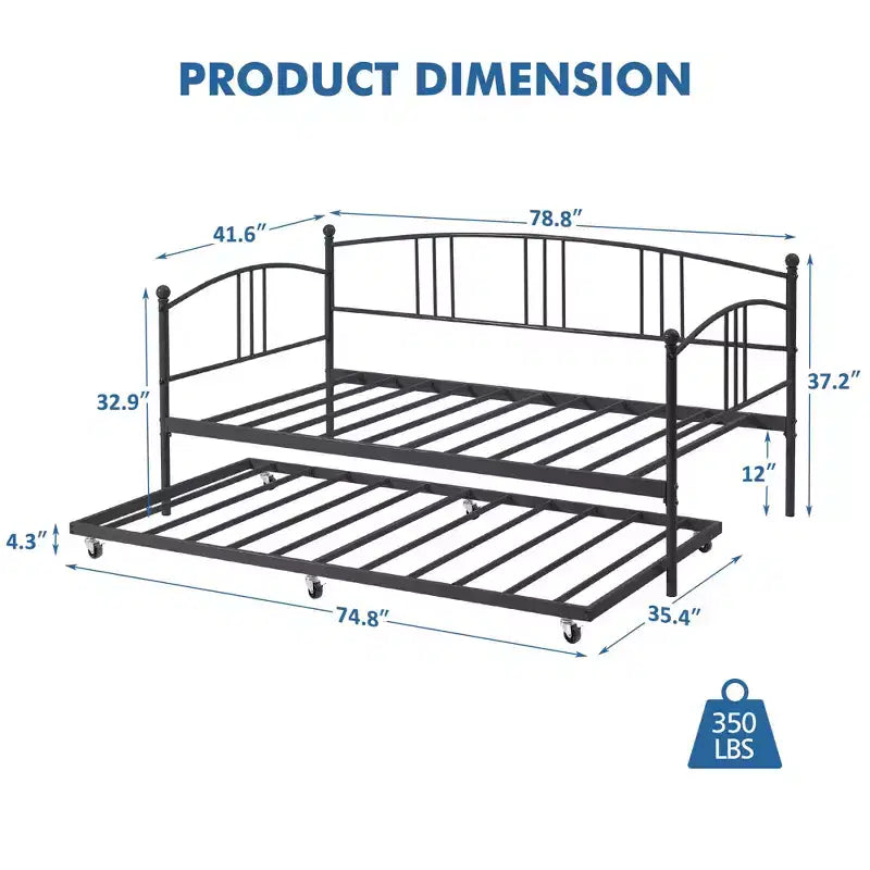 Twin Daybed [with Trundle] Sturdy Metal with Steel Slat Support, Arched Headboard, Sofa Bed for Living Room, Bedroom, Guest Room [Color]