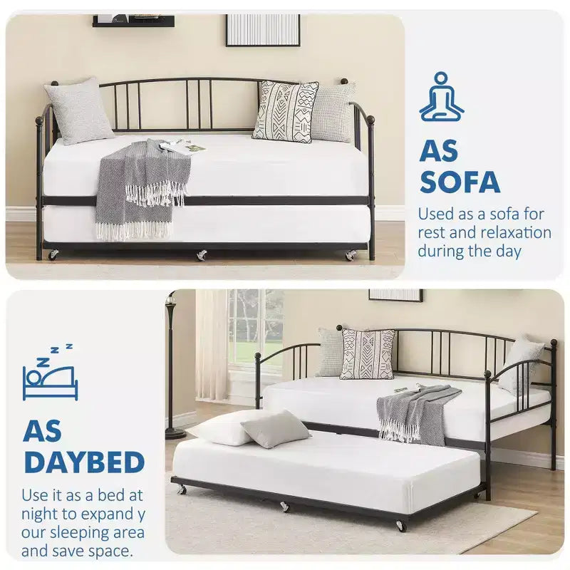 Twin Daybed [with Trundle] Sturdy Metal with Steel Slat Support, Arched Headboard, Sofa Bed for Living Room, Bedroom, Guest Room [Color]