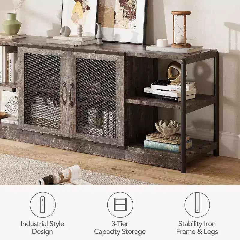 Industrial TV Stand for TVs up to 65'' / 75, Rustic Entertainment Center with Double Mesh Door Cabinet & Open Shelves, Media Console for Living Room