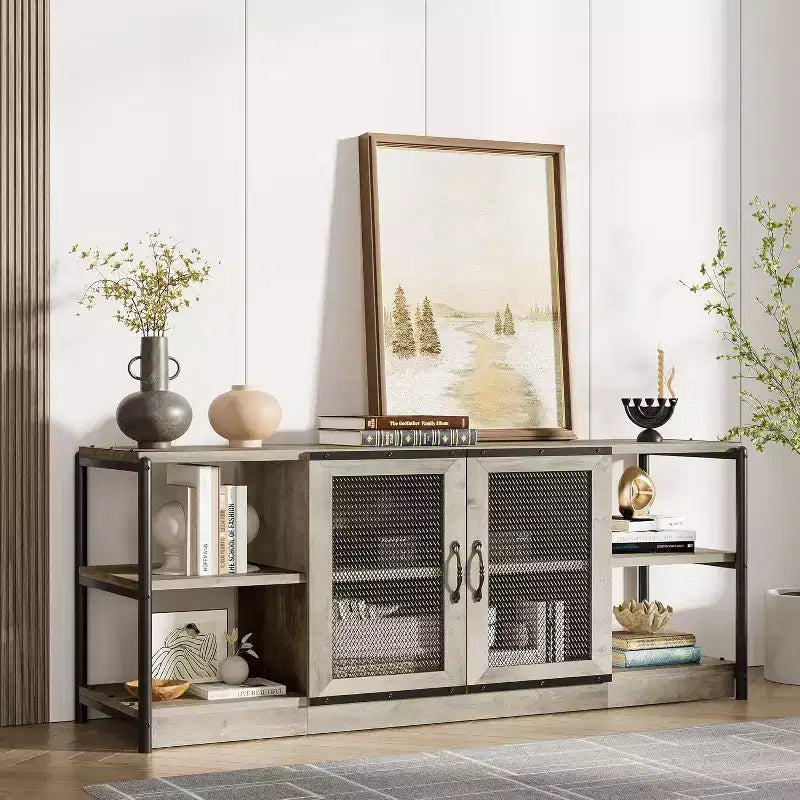 Industrial TV Stand for TVs up to 65'' / 75, Rustic Entertainment Center with Double Mesh Door Cabinet & Open Shelves, Media Console for Living Room