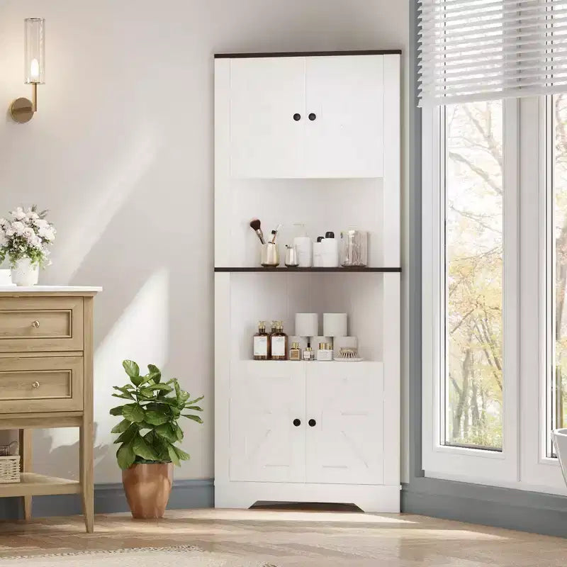 64.8 Tall Farmhouse Corner Cabinet with 4 Doors and 5 Storage Shelves, Farmhouse Storage Cabinet with Barn Door Design
