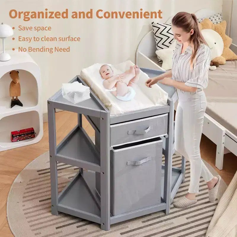 White Corner Changing Table with Storage, 1-Baby, Pine Wood
