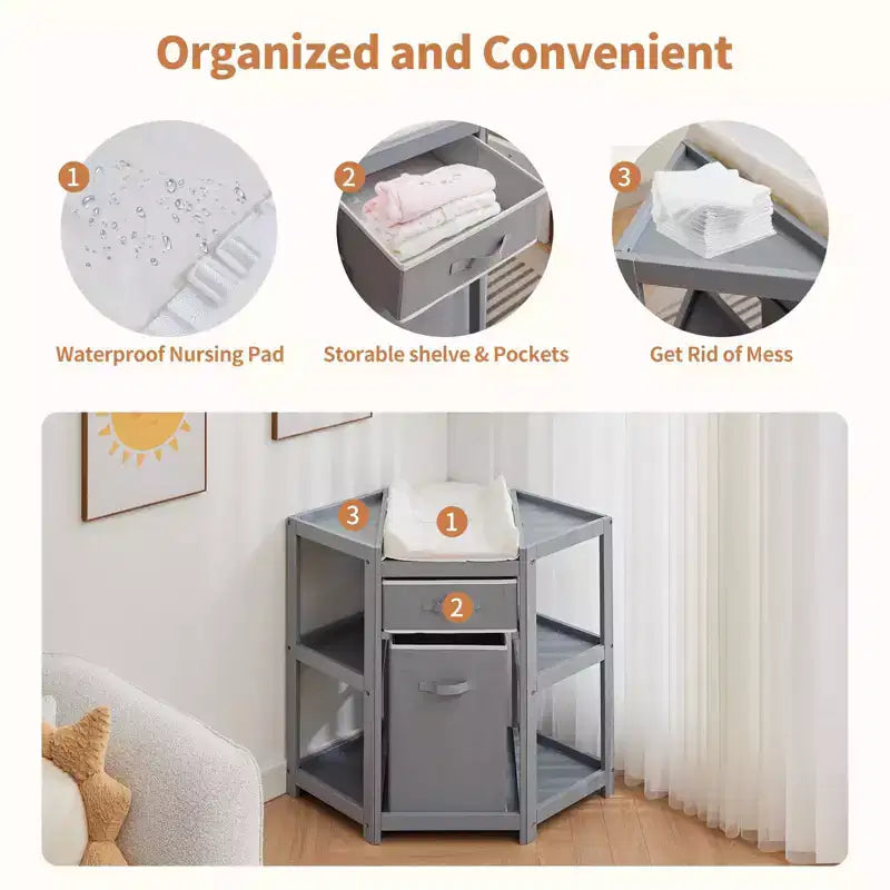 White Corner Changing Table with Storage, 1-Baby, Pine Wood