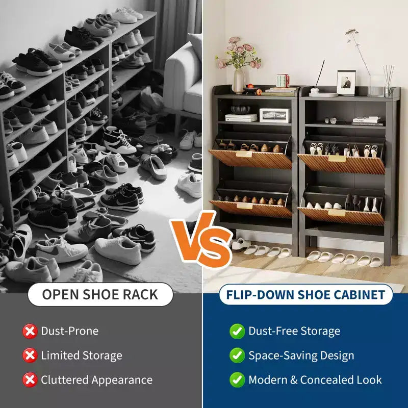 Shoe Storage Cabinet with 2 Flip Drawers, Fluted Narrow Shoe Organizer with Legs, Freestanding Hidden Cabinet for Entryway and Hallway