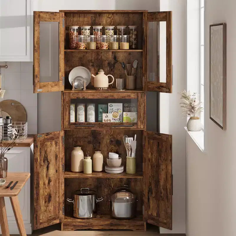 67 Tall Storage Cabinet with 4 Doors, Adjustable Shelves & Flip Glass Drawer, for Bathroom, Kitchen, Living Room