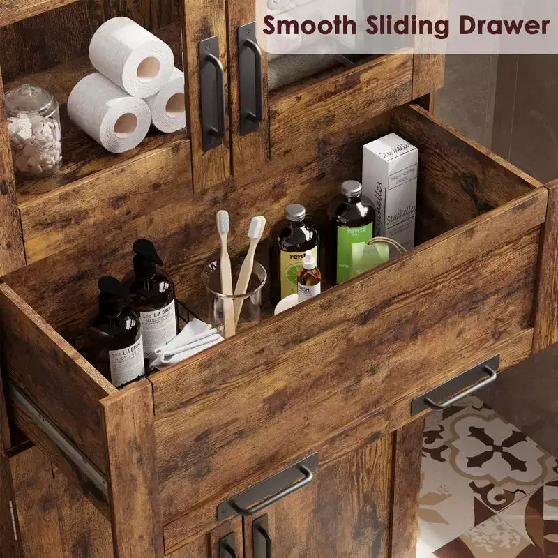 67 Tall Storage Cabinet with 4 Doors, Adjustable Shelves & Flip Glass Drawer, for Bathroom, Kitchen, Living Room