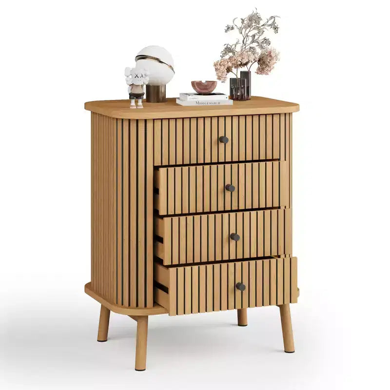 Natural Boho 4-Drawer Dresser with Black Handles & Wood Legs