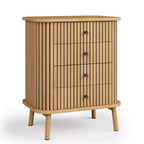 Cassettiera naturale boho a 4 cassetti con maniglie nere e gambe in legno