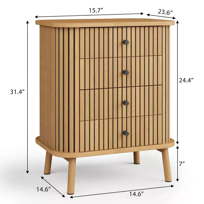 Cassettiera naturale boho a 4 cassetti con maniglie nere e gambe in legno