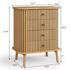 Cassettiera naturale boho a 4 cassetti con maniglie nere e gambe in legno