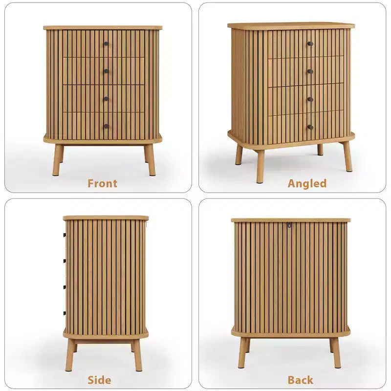 Cassettiera naturale boho a 4 cassetti con maniglie nere e gambe in legno