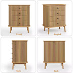 Cassettiera naturale boho a 4 cassetti con maniglie nere e gambe in legno