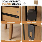 Cassettiera naturale boho a 4 cassetti con maniglie nere e gambe in legno