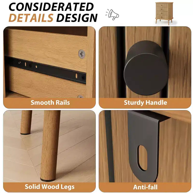 Cassettiera naturale boho a 4 cassetti con maniglie nere e gambe in legno