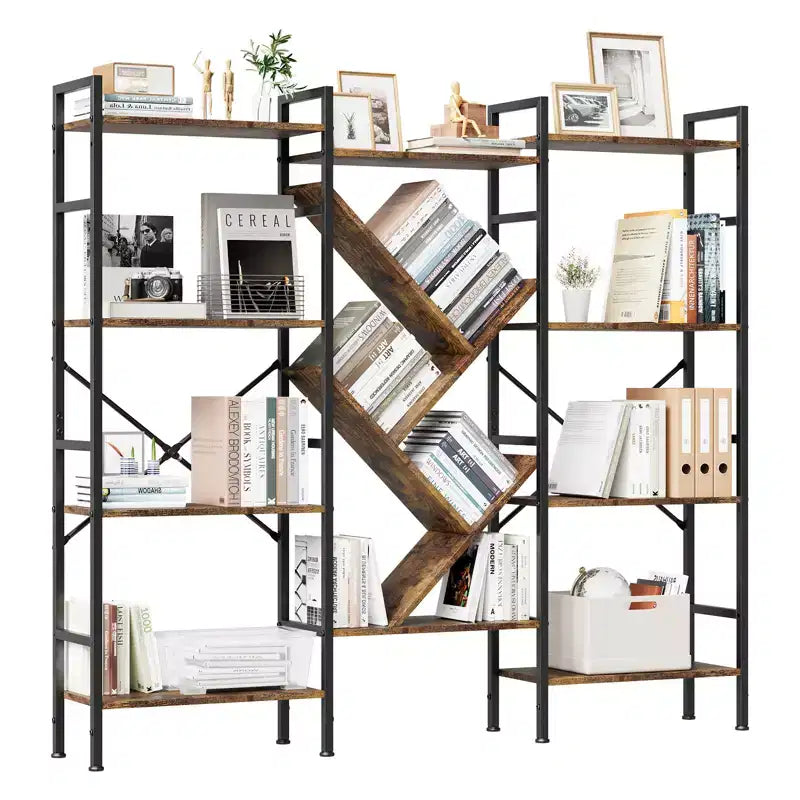 Industrial 4-Tier Wooden Bookcase, Open Bookshelf, Sturdy Metal Frame, Rustic Display Storage Shelves, for Living Room, Bedroom