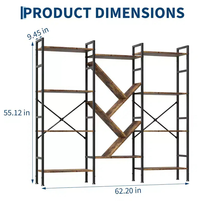 Industrial 4-Tier Wooden Bookcase, Open Bookshelf, Sturdy Metal Frame, Rustic Display Storage Shelves, for Living Room, Bedroom