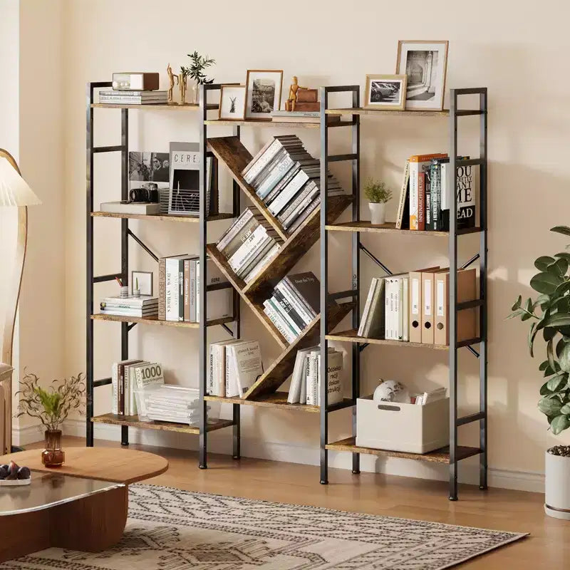 Scaffale a 4 ripiani industriale in legno, libreria aperta, robusta struttura in metallo, mensole rustiche per esposizione e conservazione, per soggiorno, camera da letto