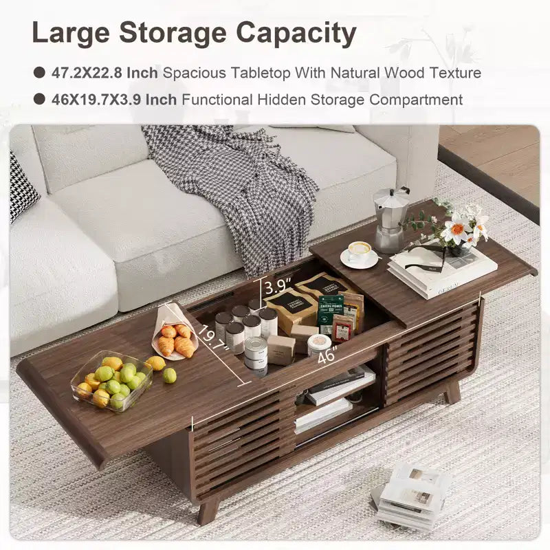 GDFStudio Efrain Mid-Century Modern Coffee Table with Sliding Top and Hidden Storage
