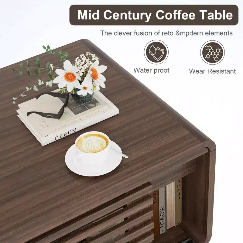 Tavolino da caffè GDFStudio Efrain Mid-Century Modern con piano scorrevole e contenitore nascosto
