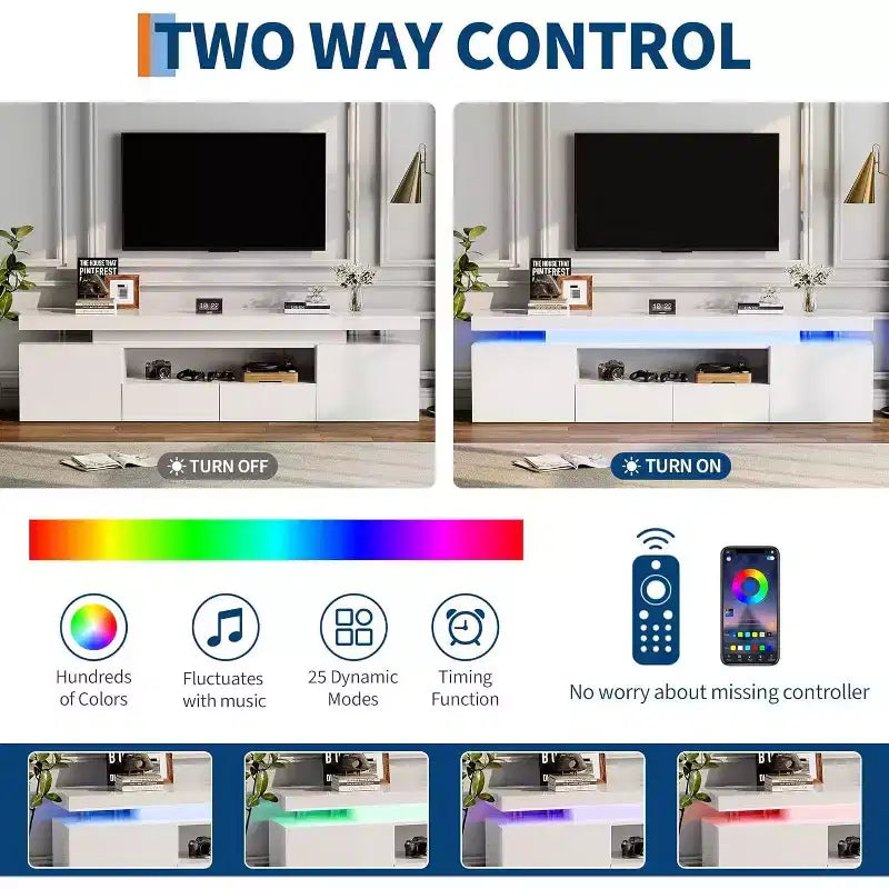 Mobile TV a L bianco/nero lucido con LED RGB, adatto a TV fino a 95 pollici