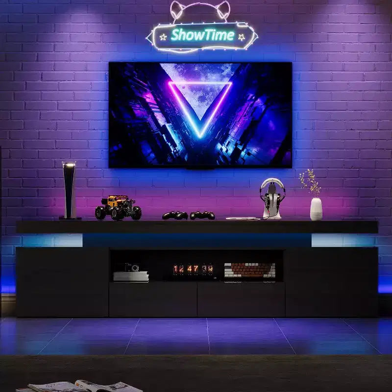 Black/White L-Shape High-Gloss TV Stand with RGB LED, Fits TVs up to 95 in