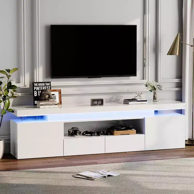 Mobile TV a L bianco/nero lucido con LED RGB, adatto a TV fino a 95 pollici