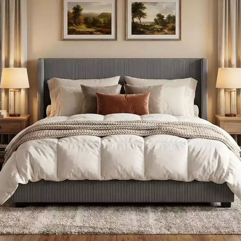 DobleePy Queen Size Corduroy Upholstered Platform Bed Frame, Grey, Storage Drawers, Tufted Wingback Headboard, No Box Spring Needed
