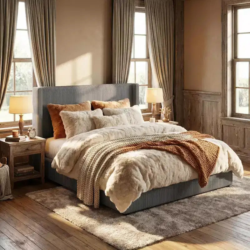 DobleePy Queen Size Corduroy Upholstered Platform Bed Frame, Grey, Storage Drawers, Tufted Wingback Headboard, No Box Spring Needed