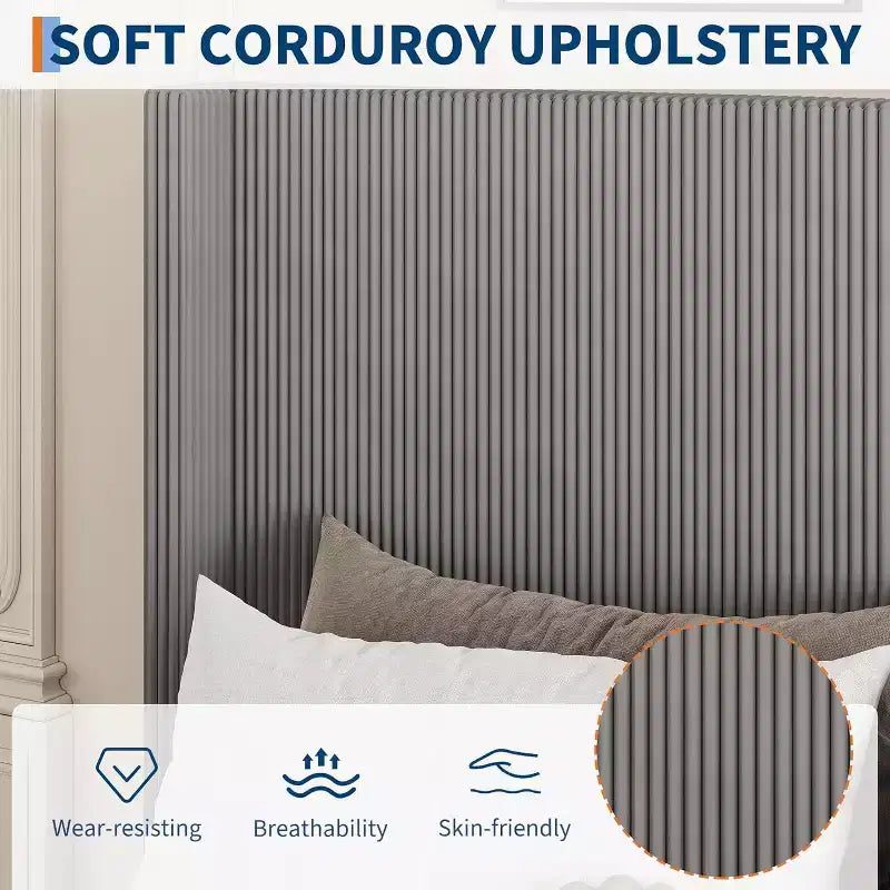 DobleePy Queen Size Corduroy Upholstered Platform Bed Frame, Grey, Storage Drawers, Tufted Wingback Headboard, No Box Spring Needed