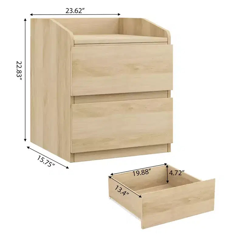 Legno Naturale, Comodino a 2 Cassetti, Singolo