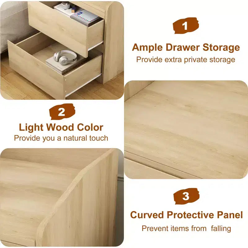 Legno Naturale, Comodino a 2 Cassetti, Singolo
