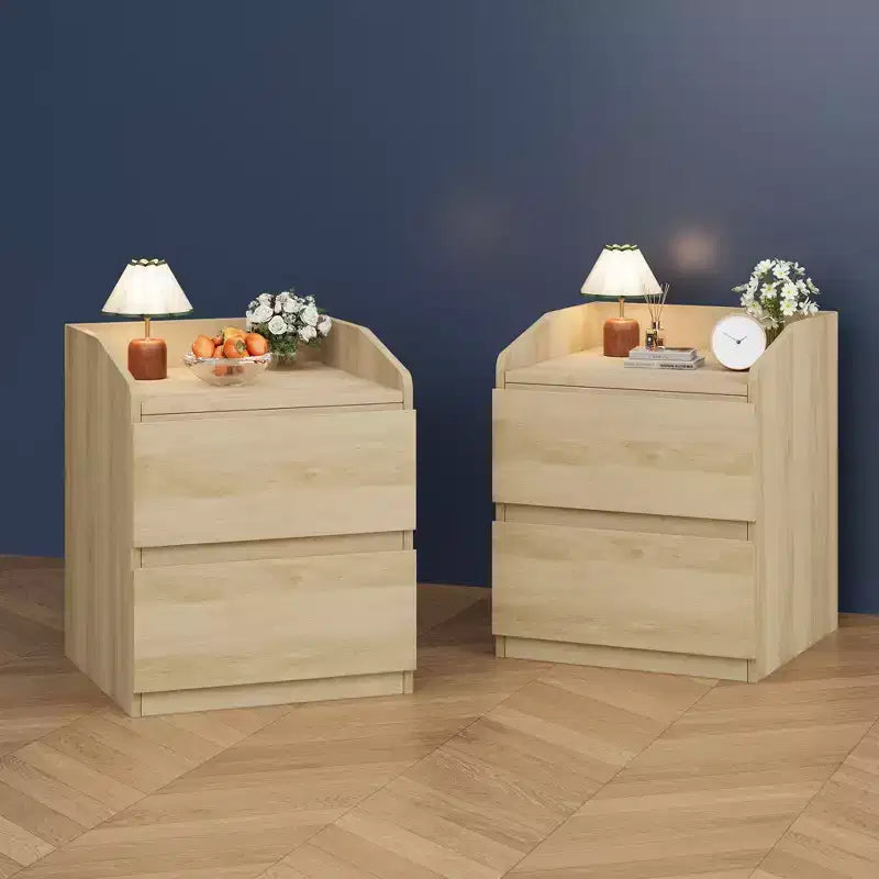 Legno Naturale, Comodino a 2 Cassetti, Singolo