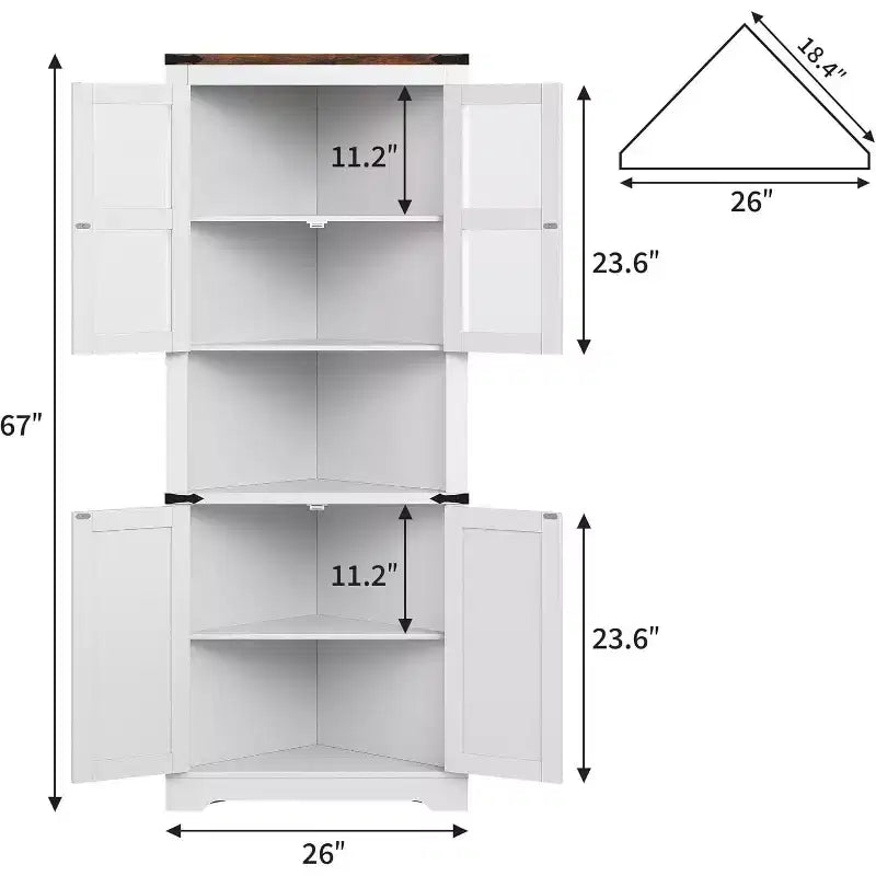 White Corner Cabinet with Glass Doors, 4-Door, Freestanding, 1-Person Assembly