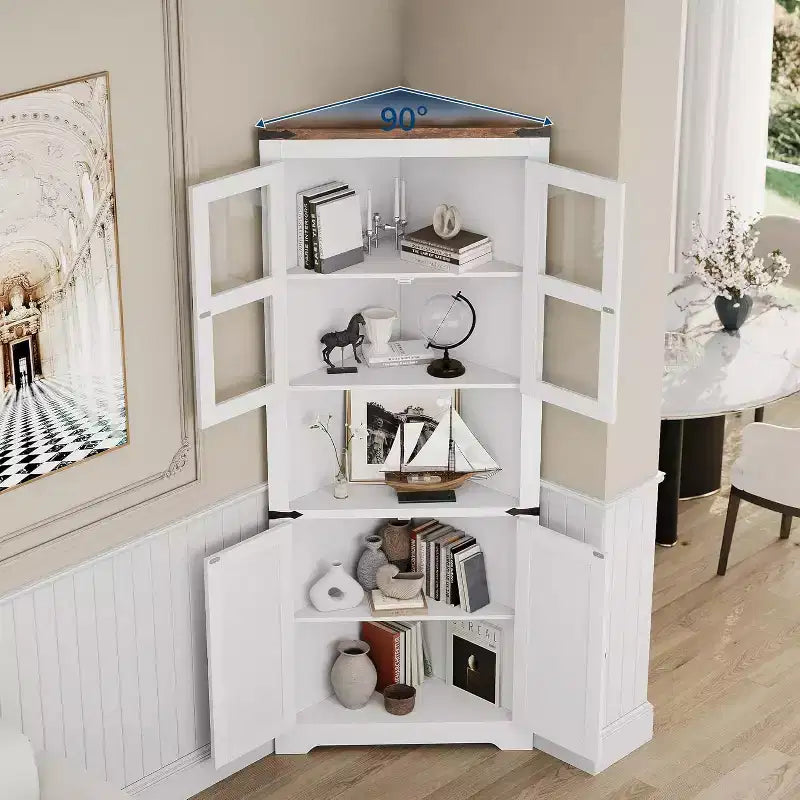 White Corner Cabinet with Glass Doors, 4-Door, Freestanding, 1-Person Assembly