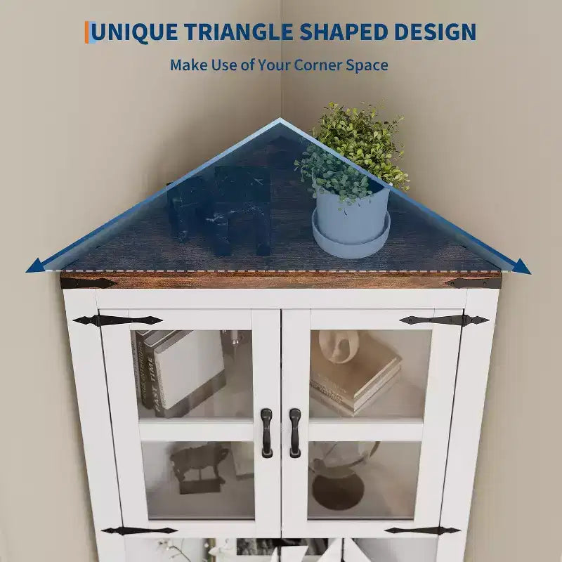 White Corner Cabinet with Glass Doors, 4-Door, Freestanding, 1-Person Assembly