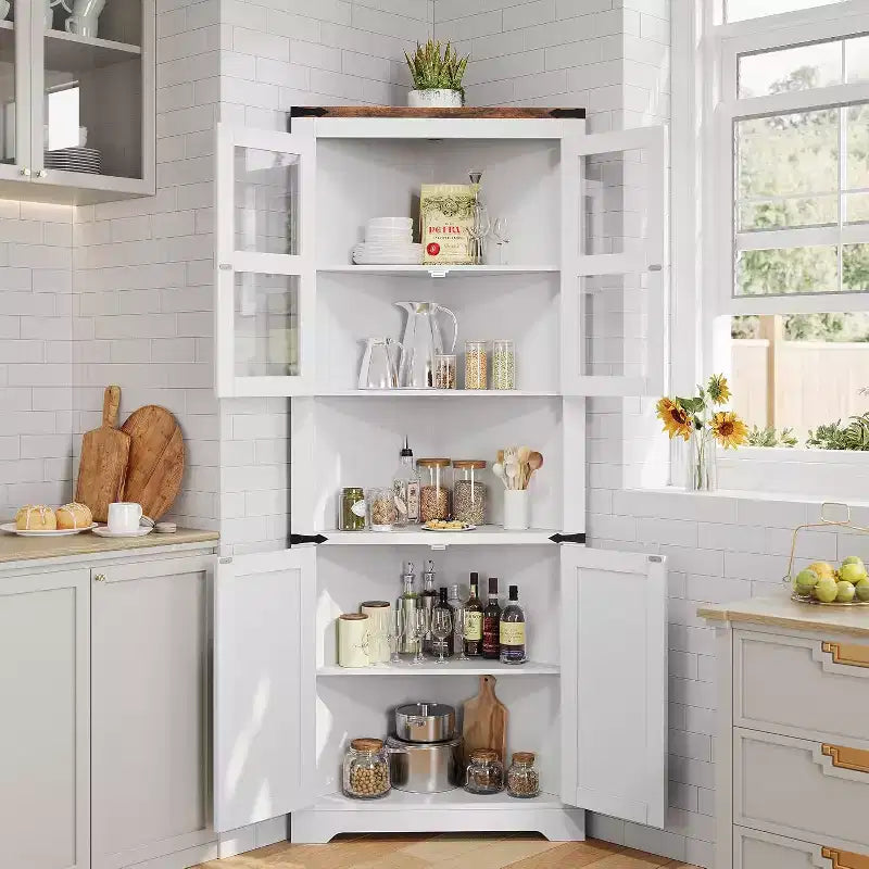 White Corner Cabinet with Glass Doors, 4-Door, Freestanding, 1-Person Assembly