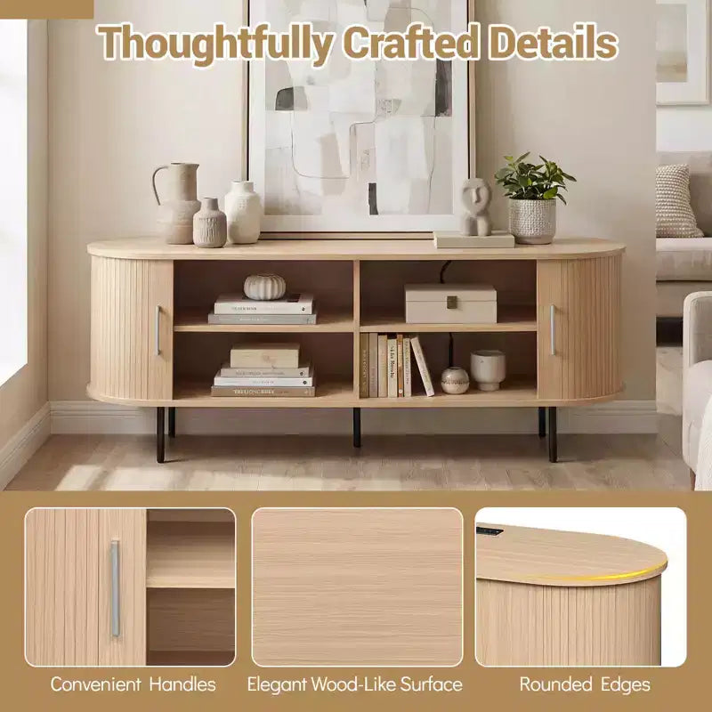 Mobile TV Costway con Scanalature per TV fino a 60 pollici, Mobile Porta TV Curvo Mid-Century Naturale/Noce