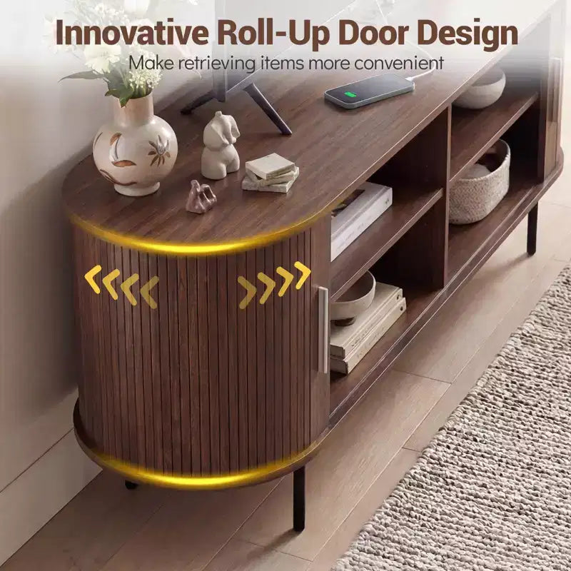Mobile TV Costway con Scanalature per TV fino a 60 pollici, Mobile Porta TV Curvo Mid-Century Naturale/Noce