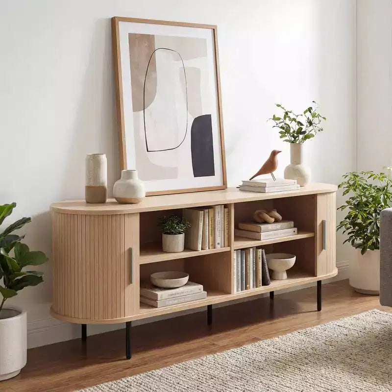 Costway Fluted TV Stand for TVs up to 60, Mid Century Curved Entertainment Center Natural/Walnut