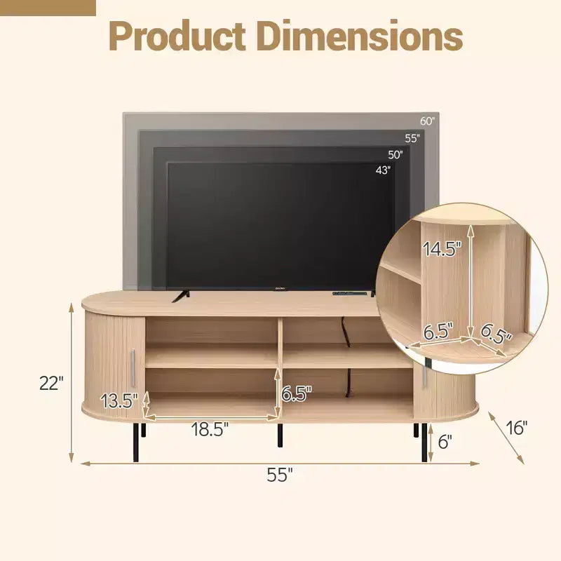 Mobile TV Costway con Scanalature per TV fino a 60 pollici, Mobile Porta TV Curvo Mid-Century Naturale/Noce
