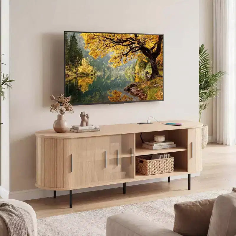 Costway Fluted TV Stand for TVs up to 60, Mid Century Curved Entertainment Center Natural/Walnut