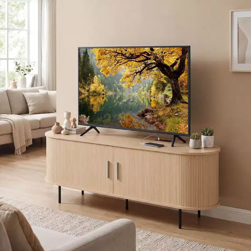 Costway Fluted TV Stand for TVs up to 60, Mid Century Curved Entertainment Center Natural/Walnut