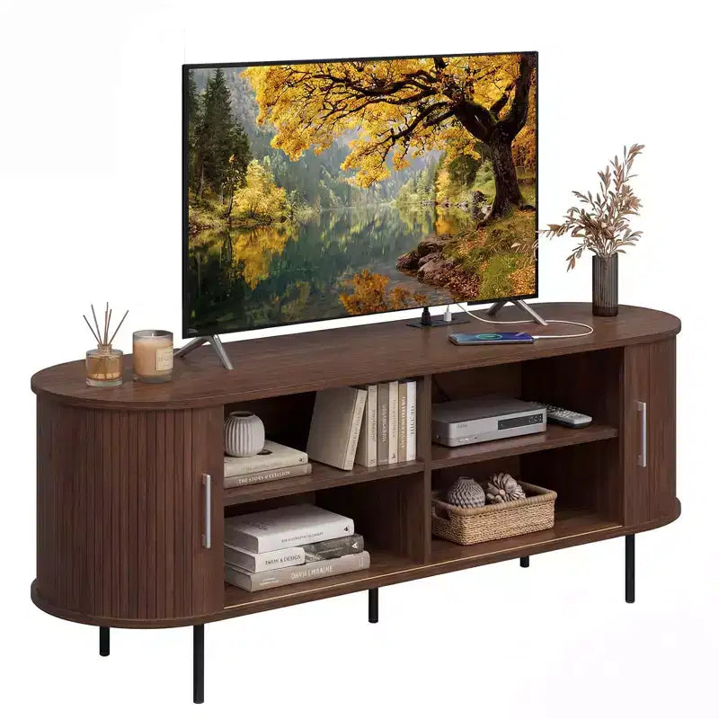 Costway Fluted TV Stand for TVs up to 60, Mid Century Curved Entertainment Center Natural/Walnut