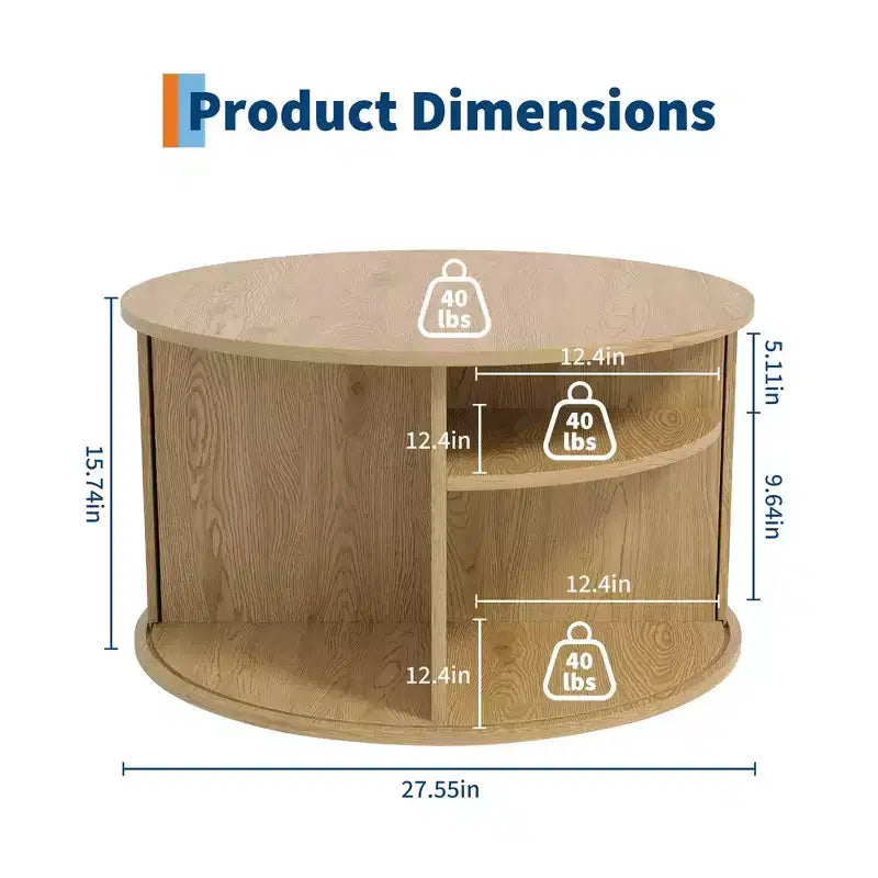 Tavolino rotondo naturale / noce, anta scorrevole scanalata, stile Mid-Century