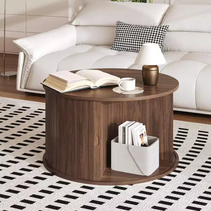 Natural / Walnut Round Coffee Table, Fluted Sliding Door, Mid-Century Style